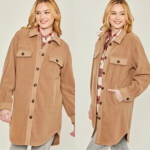 Tan Button-Up Long Fleece Shacket Jacket